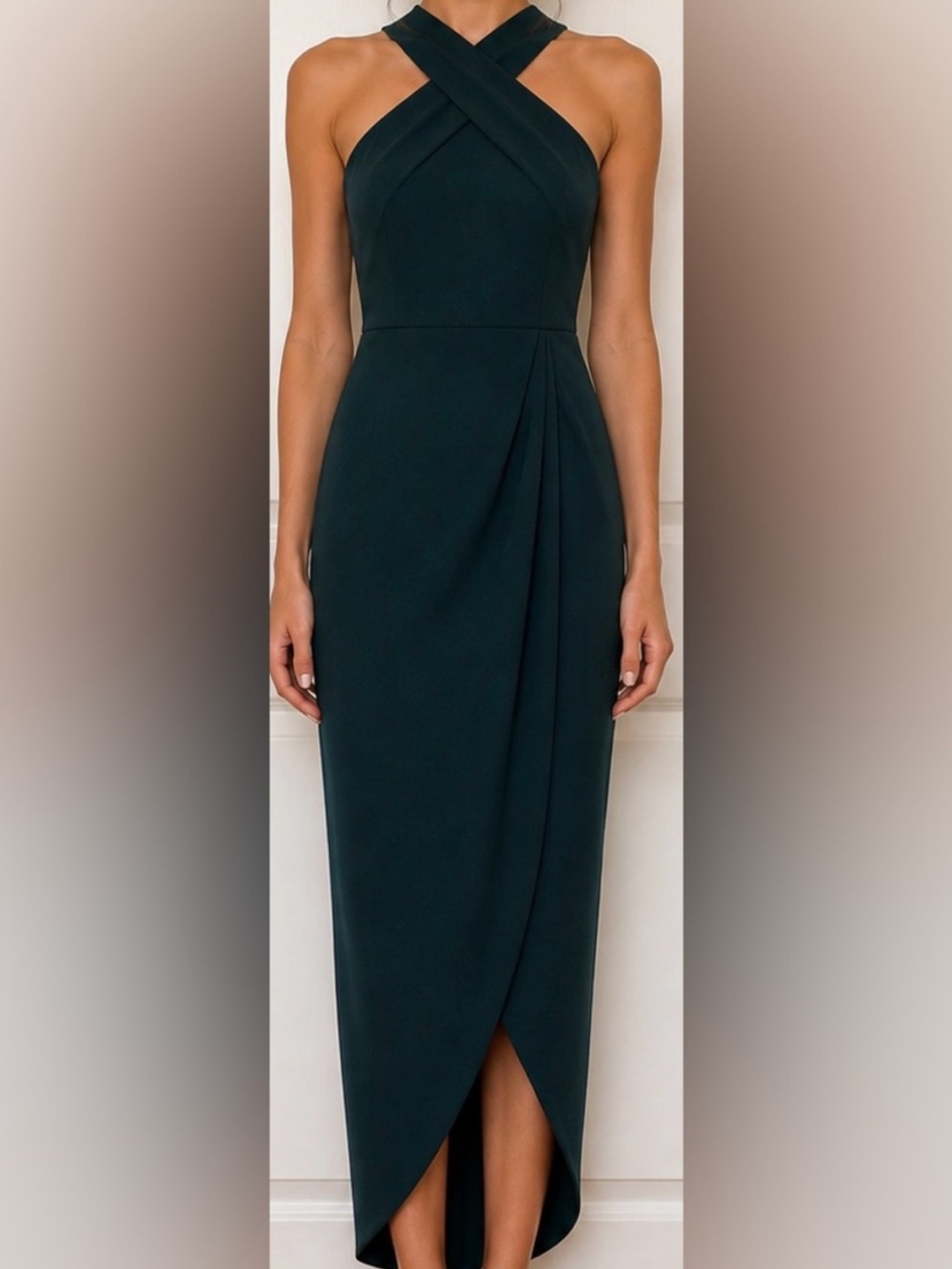 Emerald Green Cross Halter Midi Dress Sleek Bodycon Cocktail Dress Small”
